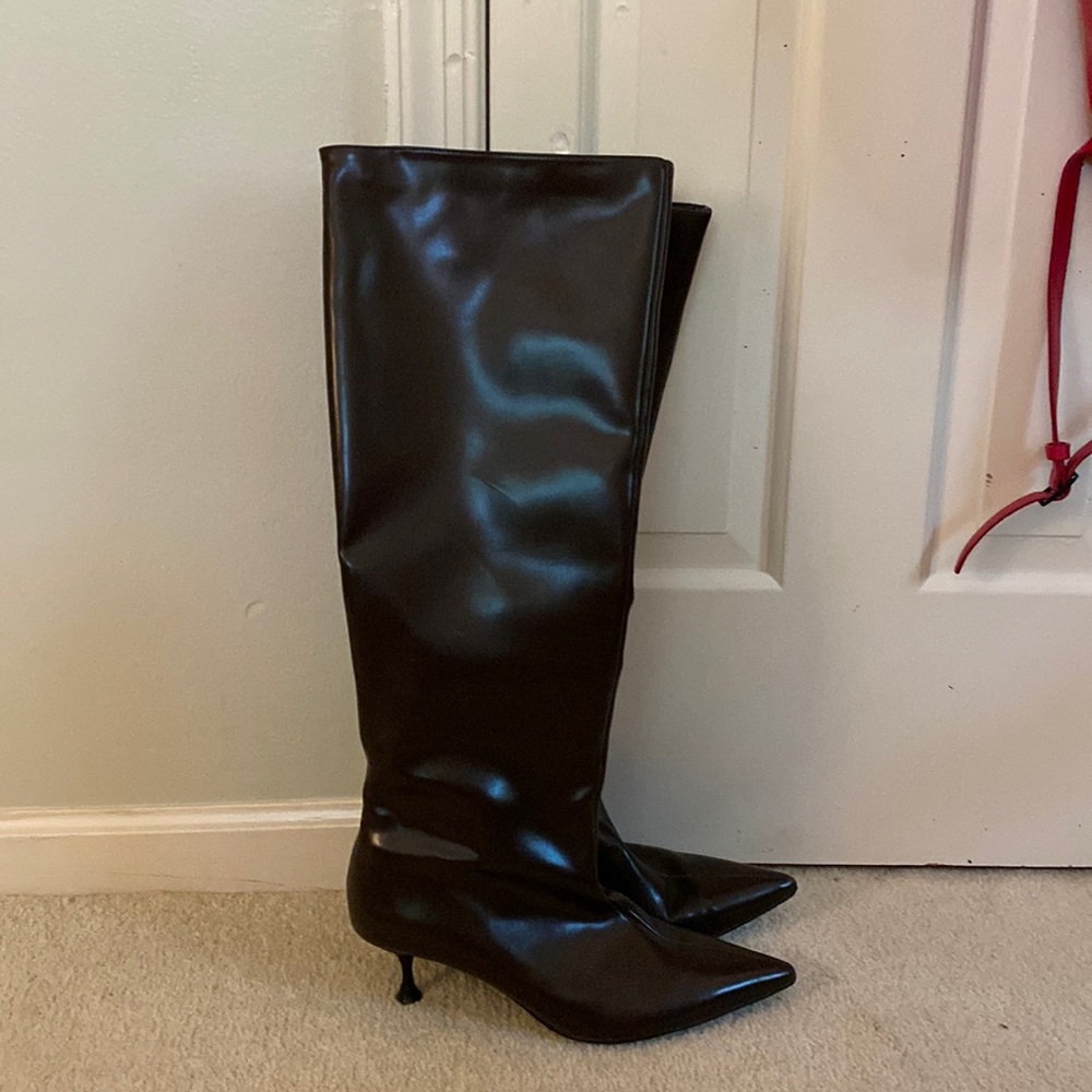 Zara Dark Brown Kitten Heel Leather Boots